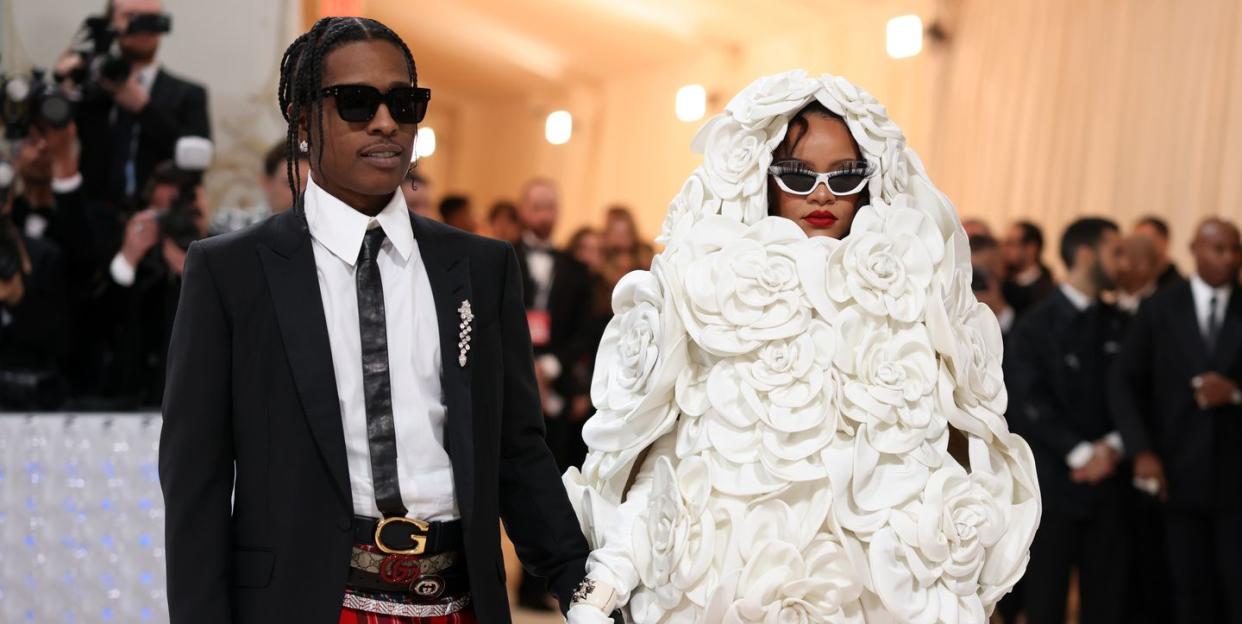 new york, new york may 01 l r a$ap rocky and rihanna attend the 2023 met gala celebrating karl lagerfeld a line of beauty at the metropolitan museum of art on may 01, 2023 in new york city photo by john shearerwireimage