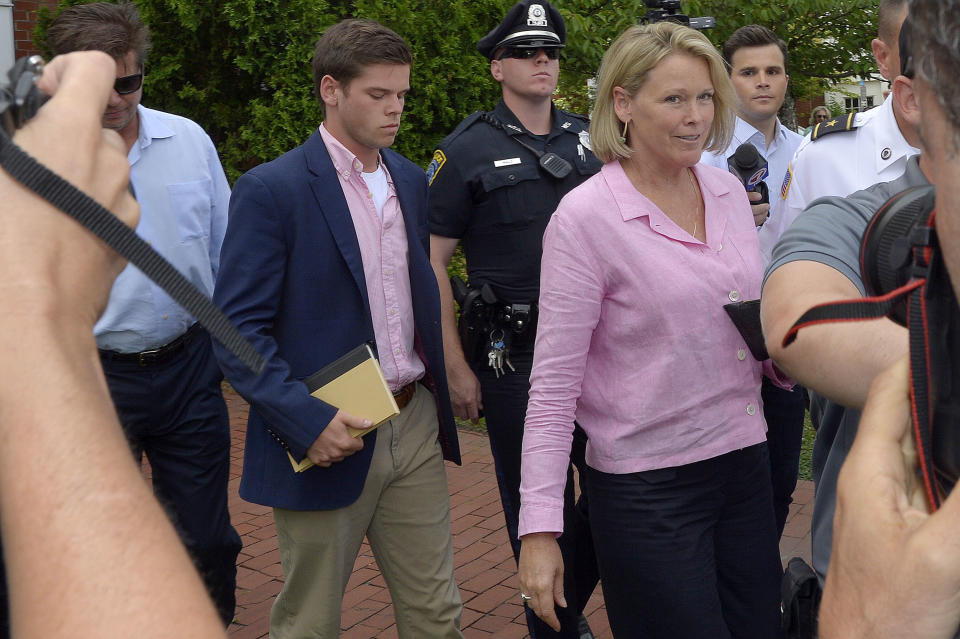 Heather Unruh (R) and her family leave the court house after a pre-trial hearing in the Kevin Spacey sexual assault case at Nantucket District Court in Nantucket, Massachusetts on July 8, 2019. - The allegation of sexual misconduct against the two-time Oscar winner was one of more than a dozen to emerge since 2017 -- in both the United States and Britain -- with devastating effect on his acting career. He was dropped from the cast of the popular "House of Cards" series and from a leading role in director Ridley Scott's "All the Money in the World"; Christopher Plummer was brought in as a last-second replacement. (Photo by Joseph Prezioso / AFP)        (Photo credit should read JOSEPH PREZIOSO/AFP/Getty Images)