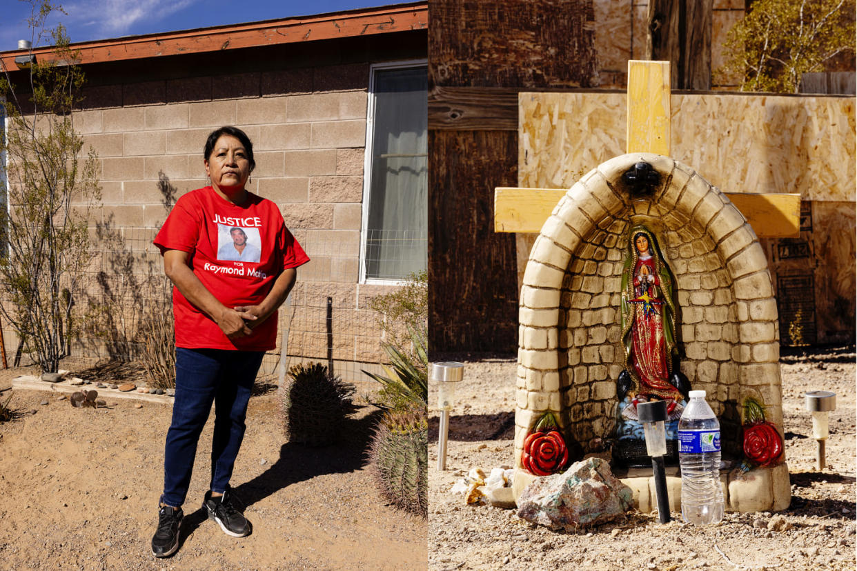 Annette Mattia at her house in Menagers Dam Village; A memorial for her brother, Raymond Mattia, at his house where the killing took place. (Cassidy Araiza for NBC News)