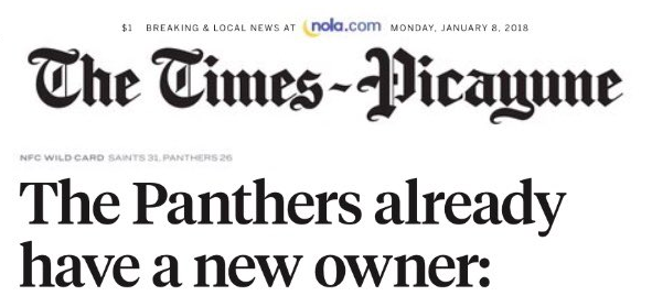 This is the headline of the New Orleans Times-Picayune on Monday, January 8, 2018.