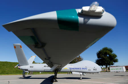 FILE PHOTO: An Israeli Elbit Systems Ltd. Hermes 900 unmanned aerial vehicle (UAV) sits on the tarmac during a media presentation at the airbase in the central Swiss town of Emmen October 16, 2012. REUTERS/Pascal Lauener/File Photo