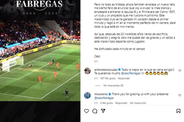 El mensaje de Anto Roccuzzo a Fabregas luego de que anunciara su retiro (Foto: Instagram @cescf4bregas)