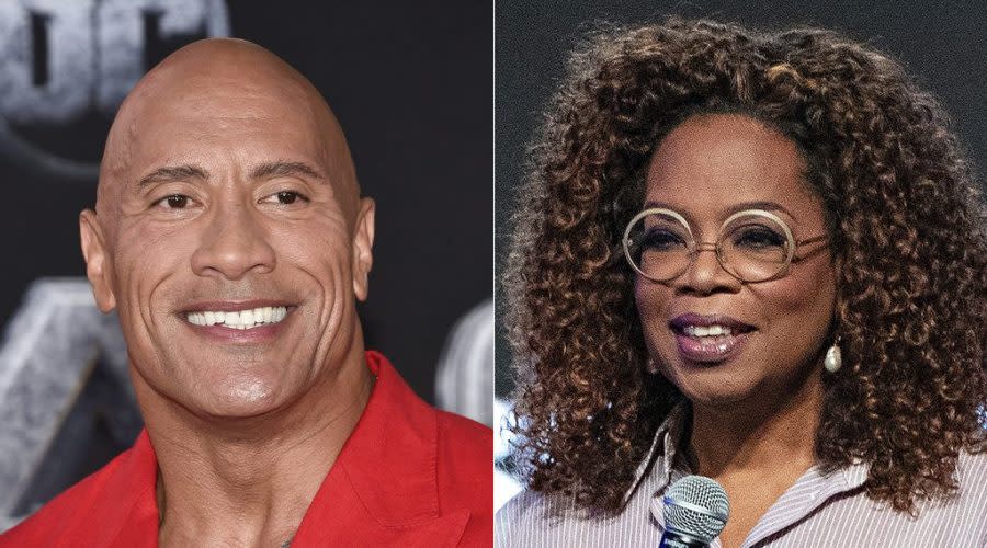 FILE – Dwayne Johnson attends the world premiere of “Black Adam” in New York on Oct. 12, 2022, left, and Oprah Winfrey appears at the Essence Festival of Culture in New Orleans on June 30, 2023. The nonprofit Entertainment Industry Foundation says the People’s Fund of Maui, which was started by Winfrey and Johnson to benefit survivors of the wildfires last summer, has given away almost $60 million over six months to 8,100 adults. (AP Photo)