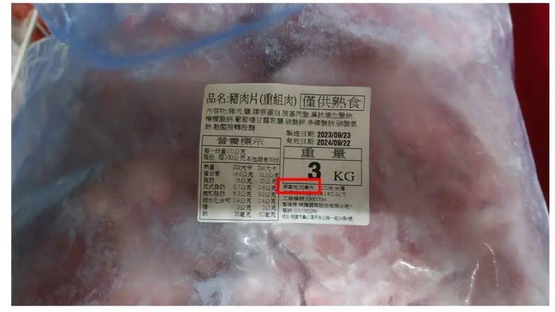 ▲業者違規豬肉產品標示，將美國冷凍豬梅花肉標示加拿大產地。（圖 ／新北市政府衛生局提供）