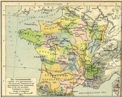 Mapa de Francia en el siglo XVIII. La región de Auvernia se sitúa en el centro del país.