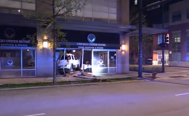 Photo captured near East Cullerton Street and South Indiana Avenue, in the South Loop, show the damage left behind after a crash crashed into the Chicago Oyster House.