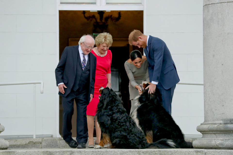 Britain's Prince Harry (R) and wife Meghan (2R), Duke and Duchess of Sussex greet the dogs of Ireland's President Michael Higgins and wife Sabina on arrival at the Presidential mansion on the second day of their visit in Dublin on July 11, 2018. (Photo by MAXWELLS / POOL / AFP)        (Photo credit should read MAXWELLS/AFP via Getty Images)