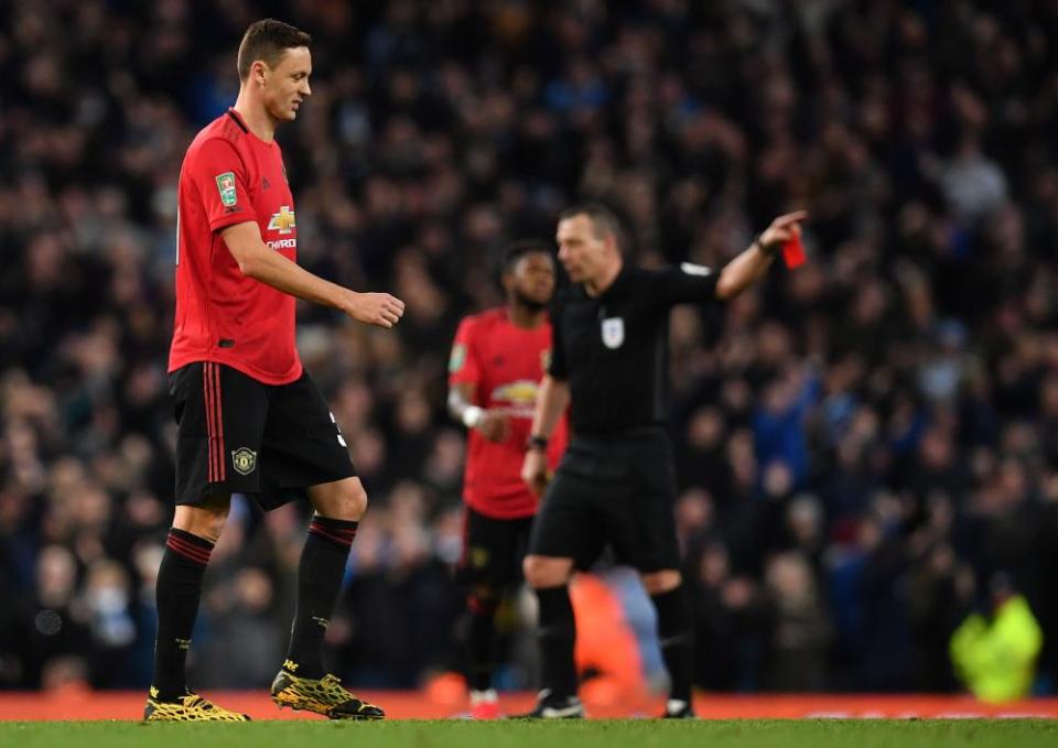 Nemanja Matic is sent off for a second yellow card in the 76th minute.