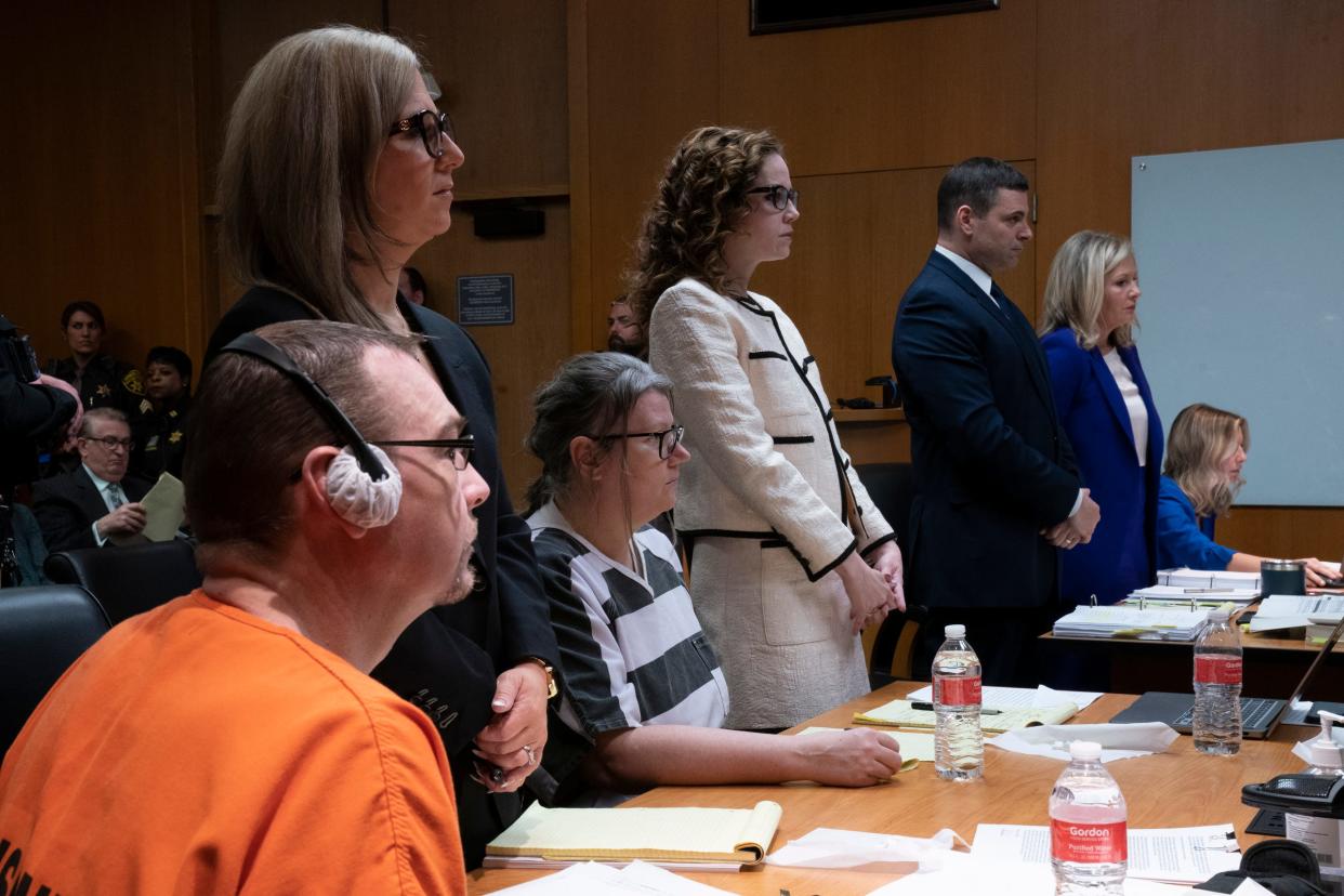 James Crumbley, left, sits with his attorney Mariell Lehman, while Jennifer Crumbley sits with her attorney Shannon Smith for sentencing. Assistant Oakland Prosecuting Attorney Marc Keast and Oakland County Prosecutor Karen McDonald are on the right in the Oakland County courtroom of Judge Cheryl Matthews on Tuesday, April 9, 2024. The Crumbleys are the parents of the Oxford High School shooter from 2021 and both were found guilty on four counts of involuntary manslaughter.