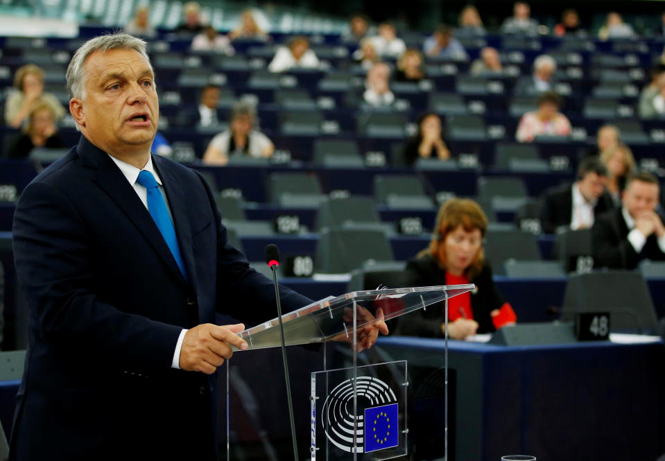 Hungarian prime minister Viktor Orban addresses the European Parliament (Reuters)