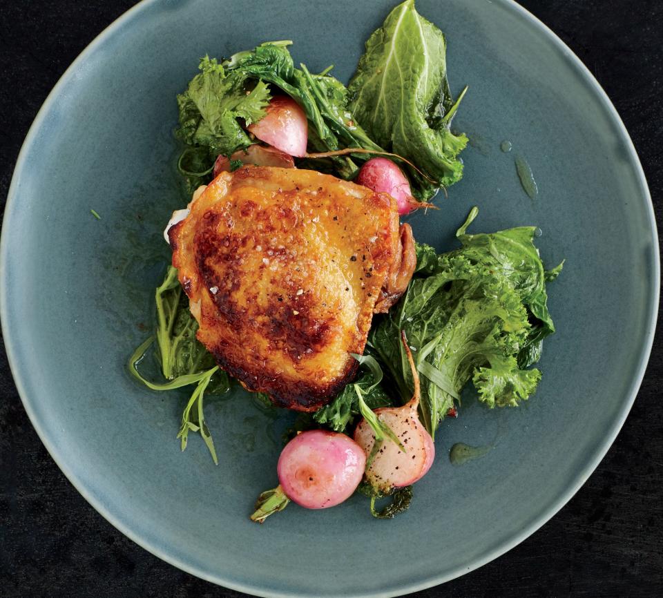 Vinegar-Marinated Chicken with Buttered Greens and Radishes