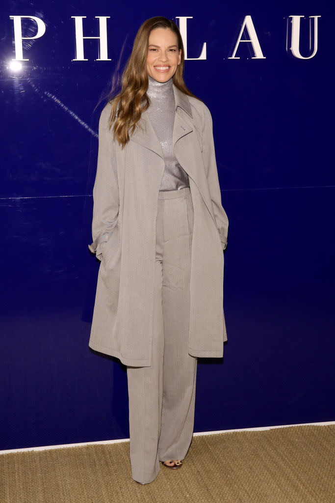 <p>Hilary Swank made a rare fashion week appearance at the Ralph Lauren show. <em>[Photo: Getty]</em> </p>