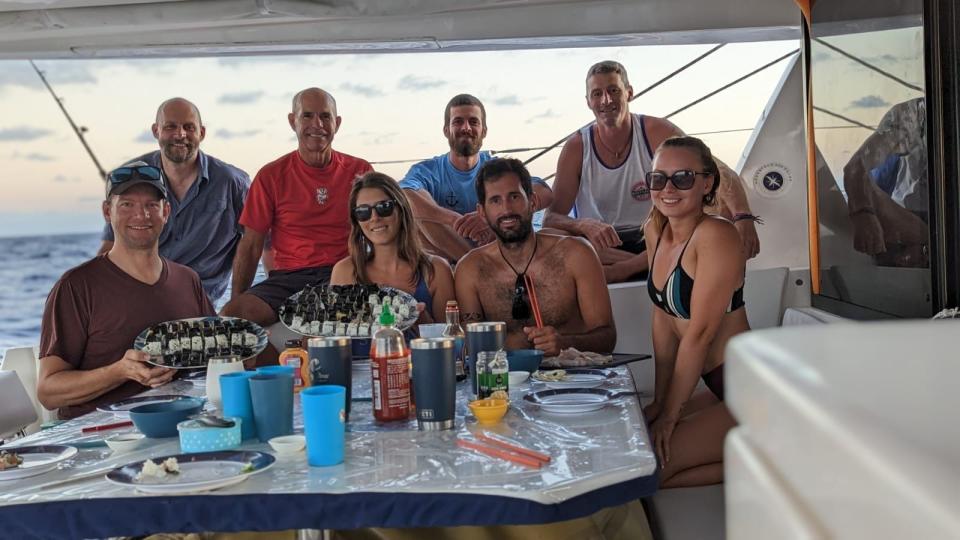 The crews of the Raindancer and the Rolling Stones on March 15. In the back row, from left, are Alex Stone, Mark Moriarty, Simon Fischer and Geoff Stone. Bottom row, from left, are Corey Bergendahl, Alana Litz, Rick Rodriguez and Bianca Brateanu.