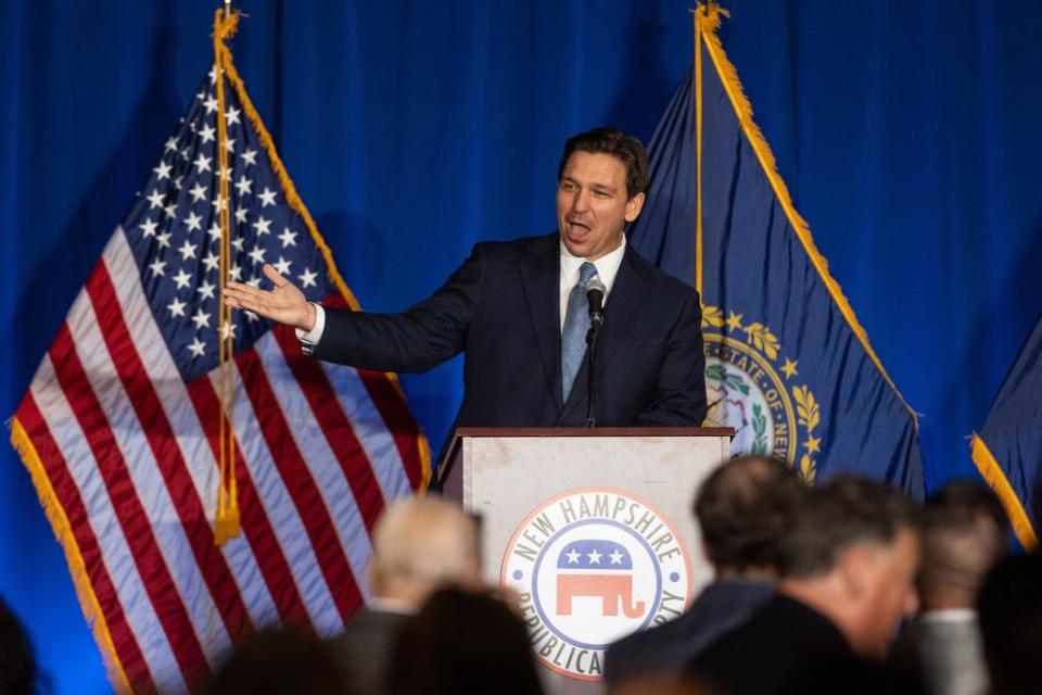 Florida Gov. Ron DeSantis delivers remarks during the New Hampshire GOP's Amos Tuck Dinner on April 14, 2023 in Manchester, New Hampshire.  During his first trip to the state, DeSantis spoke before over 500 attendees at the annual Amos Tuck fundraising dinner for the New Hampshire Republican Party.