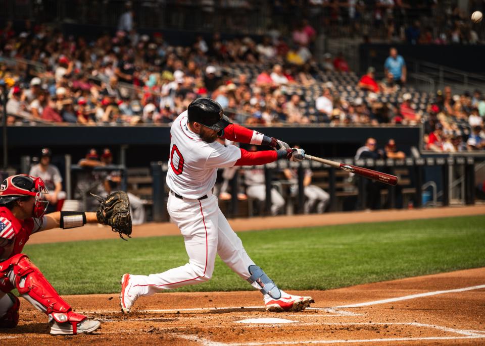 Red Sox player Trevor Story swings the bat during his rehab start with Triple-A Worcester at Polar Park on Sunday.