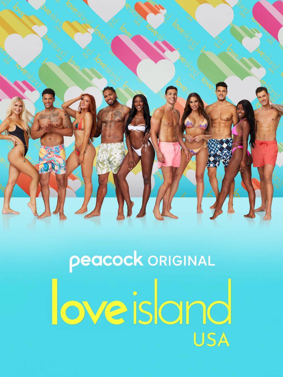 The starting cast of the reality dating show "Love Island," which streams six days each week on Peacock during summer 2022.