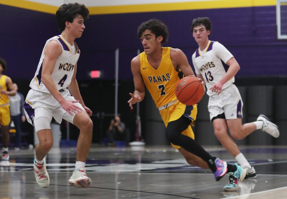 Panas' Alex Tavarez (2) in action against John Jay-Cross River during boys basketball at John Jay High School in Cross River Jan. 5, 2023.