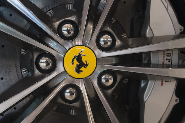 Wheel detail of a 2017 GT4C Ferrari Lusso, part of the Ferrari: Under the Skin exhibition at the Design Museum in London.