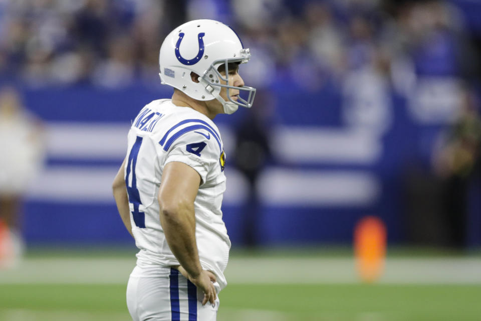 Indianapolis Colts kicker Adam Vinatieri (4) watches after his field goal attempt was blocked and returned for a touchdown by the Tennessee Titans during the second half of an NFL football game in Indianapolis, Sunday, Dec. 1, 2019. (AP Photo/Darron Cummings)