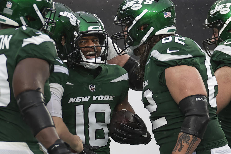 New York Jets wide receiver Randall Cobb (18) celebrates with teammates after scoring a touchdown against the Houston Texans during the second half of an NFL football game, Sunday, Dec. 10, 2023, in East Rutherford, N.J. (AP Photo/Adam Hunger)