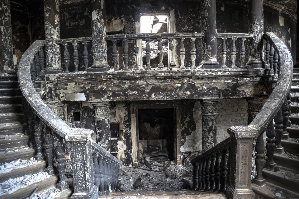 FILE - A view inside the Mariupol theater damaged during fighting in Mariupol, in territory under the government of the Donetsk People's Republic, eastern Ukraine, Monday, April 4, 2022. (AP Photo/Alexei Alexandrov, File)