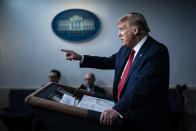 WASHINGTON, DC - AUGUST 10: President Donald J. Trump speaks during a COVID-19 coronavirus briefing in the James S. Brady Briefing Room, which was interrupted after the United States Secret Service shot a person at 17th Street and Pennsylvania Avenue, at the White House on Monday, Aug 10, 2020 in Washington, DC. President Trump said that the person was taken to the hospital after the shooting, but that he did not know the persons condition. He added that he understands the person was armed. (Photo by Jabin Botsford/The Washington Post via Getty Images)