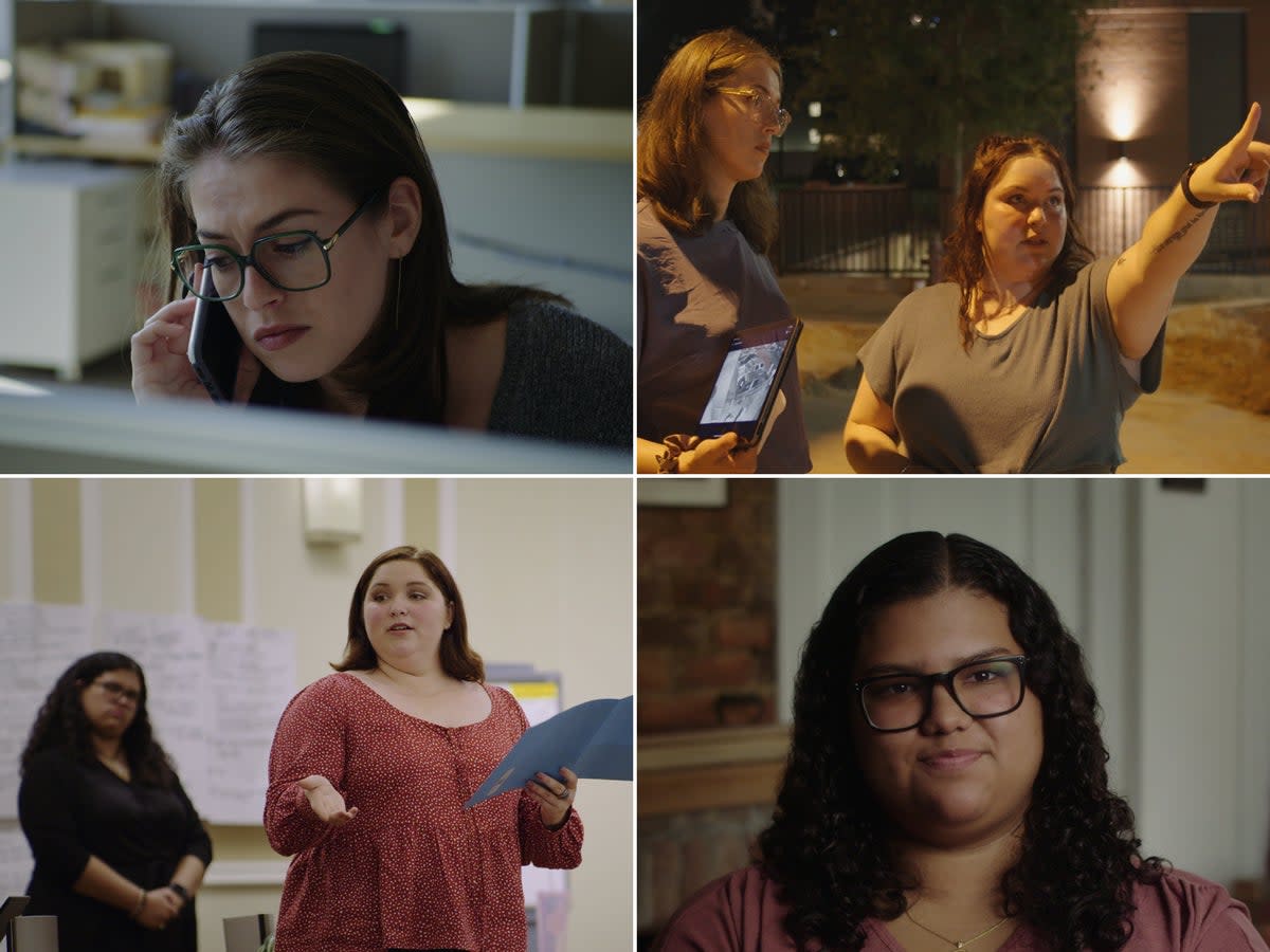 Top left: Rachel de Leon, who investigated the women’s stories, in Netflix’s ‘Victim/Suspect’ – Top right: Emma Mannion and Rachel de Leon – Bottom left: Participants Emma Mannion and Dyanie Bermeo – Bottom right: Dyanie Bermeo  (Netflix)