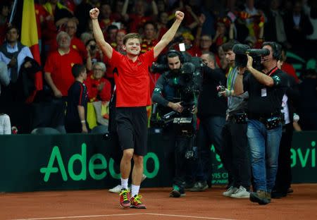 Tennis - Belgium v Great Britain - Davis Cup Final - Flanders Expo, Ghent, Belgium - 27/11/15 Men's Singles - Belgium's David Goffin celebrates his win after his match against Great Britain's Kyle Edmund Action Images via Reuters / Jason Cairnduff Livepic