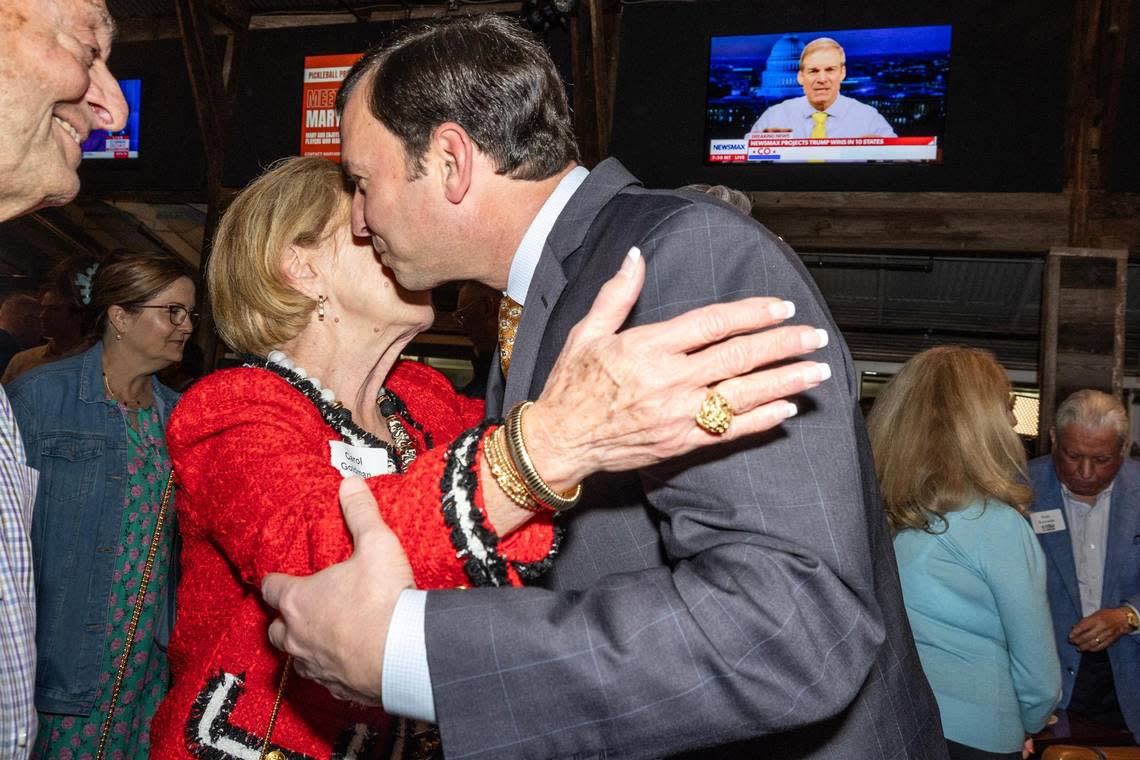 Rep. Craig Goldman kisses his mother Karol on the cheek as he arrives at his election watch party at Courtside Kitchen on Tuesday, March 5, 2024, in Fort Worth. Goldman is running in the GOP primary to replace U.S. Rep. Kay Granger. Chris Torres/ctorres@star-telegram.com