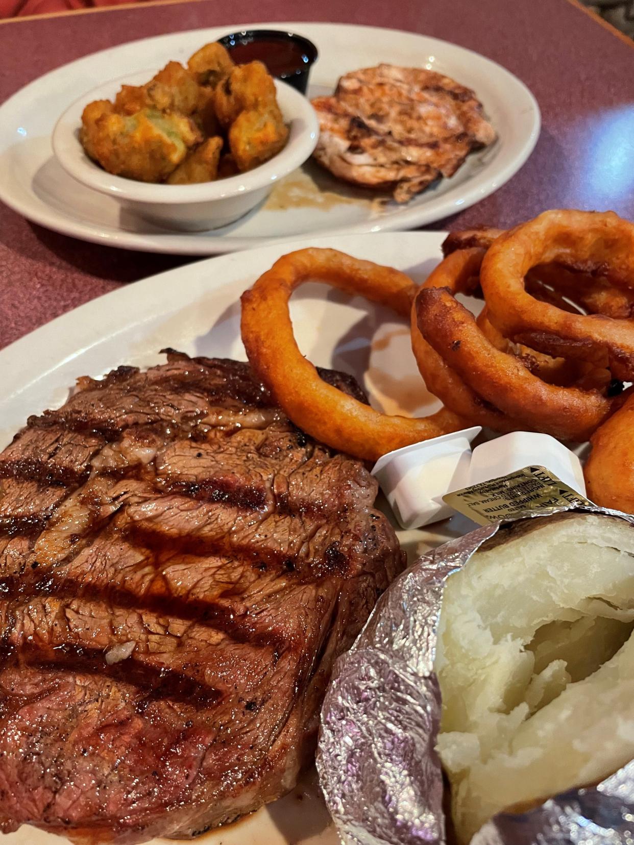 Menu items at Pete's Place in Maynardville include Pete's Ribeye, grilled chicken, onion rings and okra.