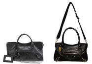 Balenciaga bag vs. Kardashian Kollection purse: knockoff or coincidence? First up: a riff on Balenciaga. On the left we have their Arena Classic Part Time bag, $1,545. On the right, Kardashian Kollection Zip Feature Bag, $59.95. Kim Kardashian wears her Balenciaga bag everywhere so we feel there's no feigning ignorance about this blatant replica. Photo by: Balenciaga and bagsac.com.au