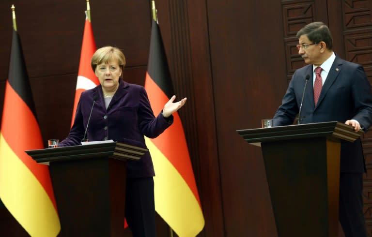 German Chancellor Angela Merkel (left) and Turkish Prime Minister Ahmet Davutoglu hold a joint press conference in Ankara on February 8, 2016