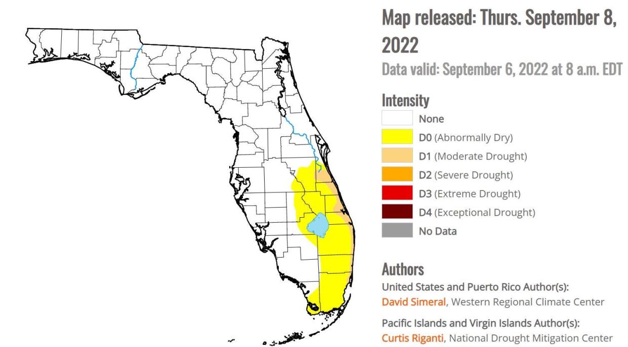 The U.S. Drought Monitor map released Thursday shows the lower eastern part of the peninsula in moderate drought or abnormally dry conditions.