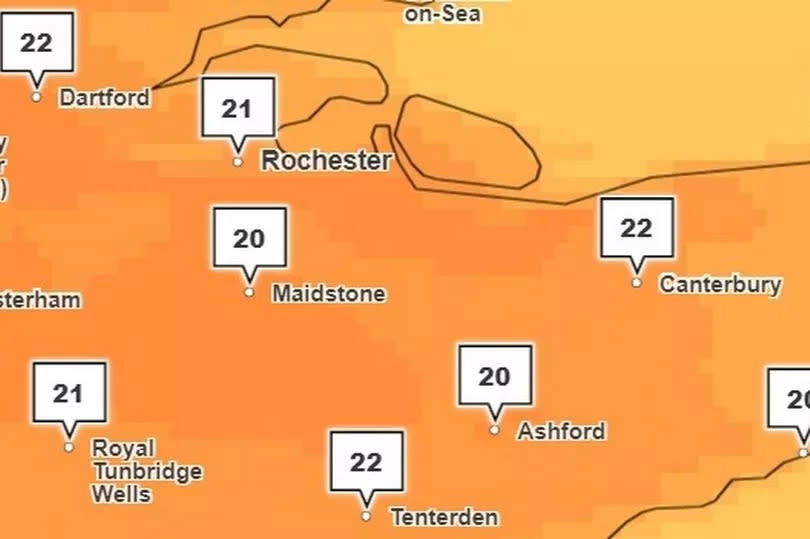 A Met Office temperature map for Ken at 4pm on Sunday, May 12