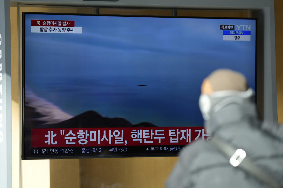 A TV screen shows a report of North Korea's cruise missiles with file footage during a news program at the Seoul Railway Station in Seoul, South Korea, Wednesday, Jan. 24, 2024. South Korea's military says North Korea fired several cruise missiles into waters off its western coast, adding to a provocative run of weapons demonstrations in the face of deepening nuclear tensions with the United States, South Korea and Japan. The part of letters read "North, Cruise missiles." (AP Photo/Lee Jin-man)
