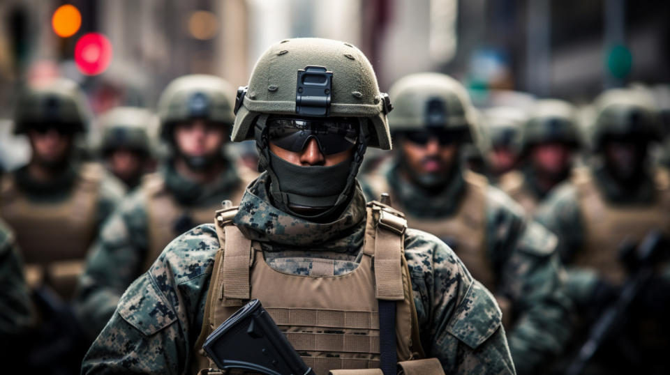 A U.S. Marine in full body armor standing in formation in a parade.