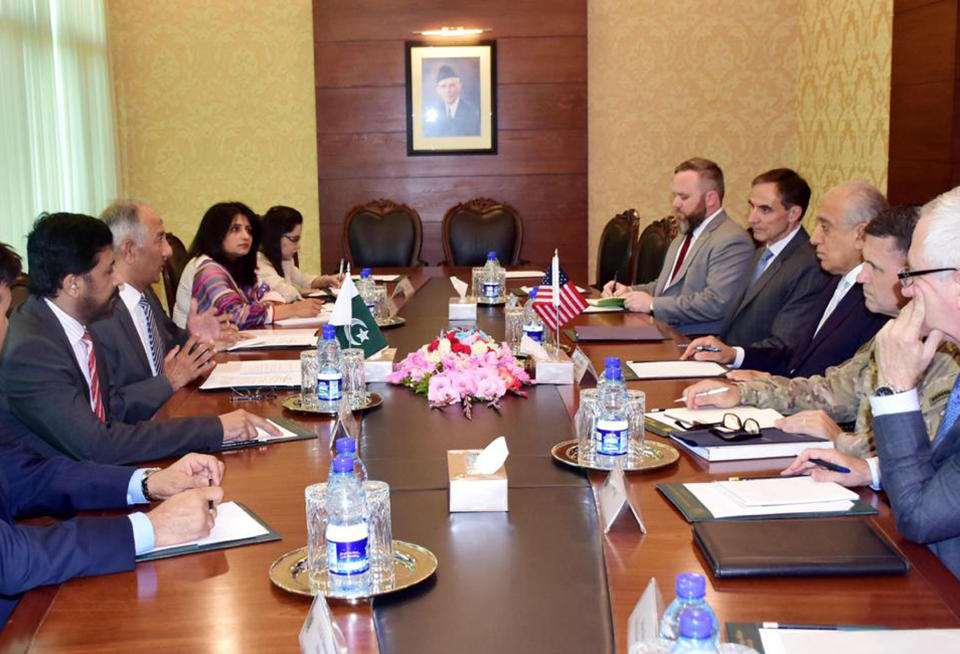 In this photo released by the Foreign Office, Special Representative for Afghanistan Reconciliation Zalmay Khalilzad, third from right, holds talks with Pakistani officials at the Foreign Minister in Islamabad, Pakistan, Sunday, June 2, 2019. Khalilzad has met Pakistani officials to find a peaceful solution to neighboring Afghanistan's war. (Pakistan Foreign Office via AP)