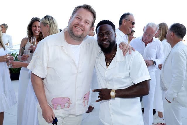<p>Michael Rubin</p> Kevin Hart and James Corden pose at Michael Rubin's star-studded white party.