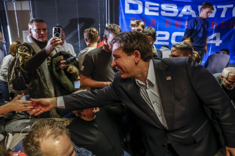 Florida Governor and Republican presidential candidate Ron DeSantis greets supporters after speaking at the Never Back Down Iowa headquarters. File Photo by Tannen Maury/UPI