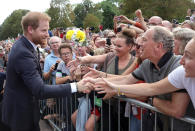 <p>Prince Harry, Duke of Sussex shakes hands with members of the public on his walkabout at Windsor Castle on Sept. 10, 2022 in England. (Photo by Chris Jackson - WPA Pool/Getty Images)</p> 