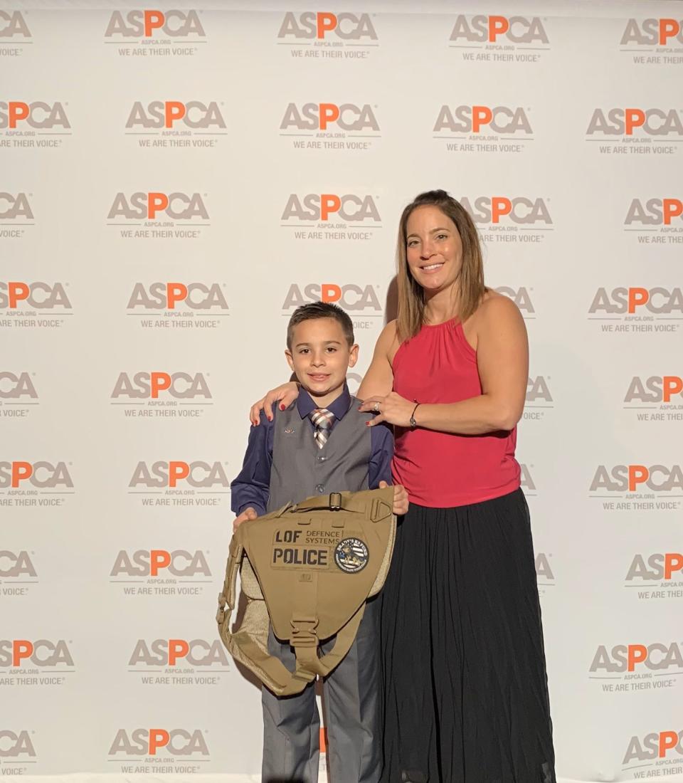 Brady Snakovsky, 9, and his mom, Leah Tornabene, 38, in New York at the ASPCA Gala in 2019 where Brady won “ASPCA Kid of the Year” for his work in raising money for military dogs' ballistic vests.