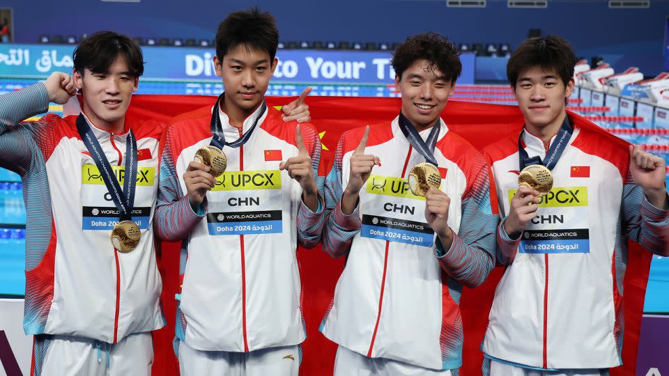Chinese men's 4x100 meter freestyle world championship gold medallists Wang Haoyu, Zhang Zhanshuo, Ji Xinjie and Pan Zhanle. - Ian MacNicol/Getty Images