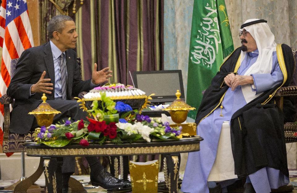 President Barack Obama meets with Saudi King Abdullah at Rawdat Khuraim, Saudi Arabia, Friday, March 28, 2014. Rawdat Khuraim is a green oasis located 62 miles northwest of the capital city of Riyadh and King Abdullah's private desert encampment is located within Rawdat Khuraim. (AP Photo/Pablo Martinez Monsivais)