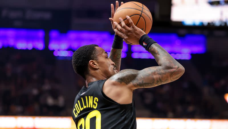 Utah Jazz forward John Collins (20) shoots during the game against the Memphis Grizzlies at the Delta Center in Salt Lake City on Wednesday, Nov. 1, 2023.