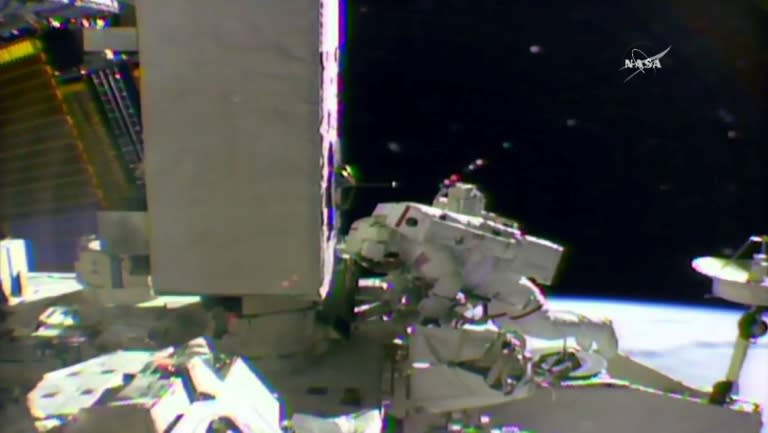 NASA astronaut Shane Kimbrough seen working on the outside of the International Space Station on March 24, 2017, in a framegrab taken from NASA TV