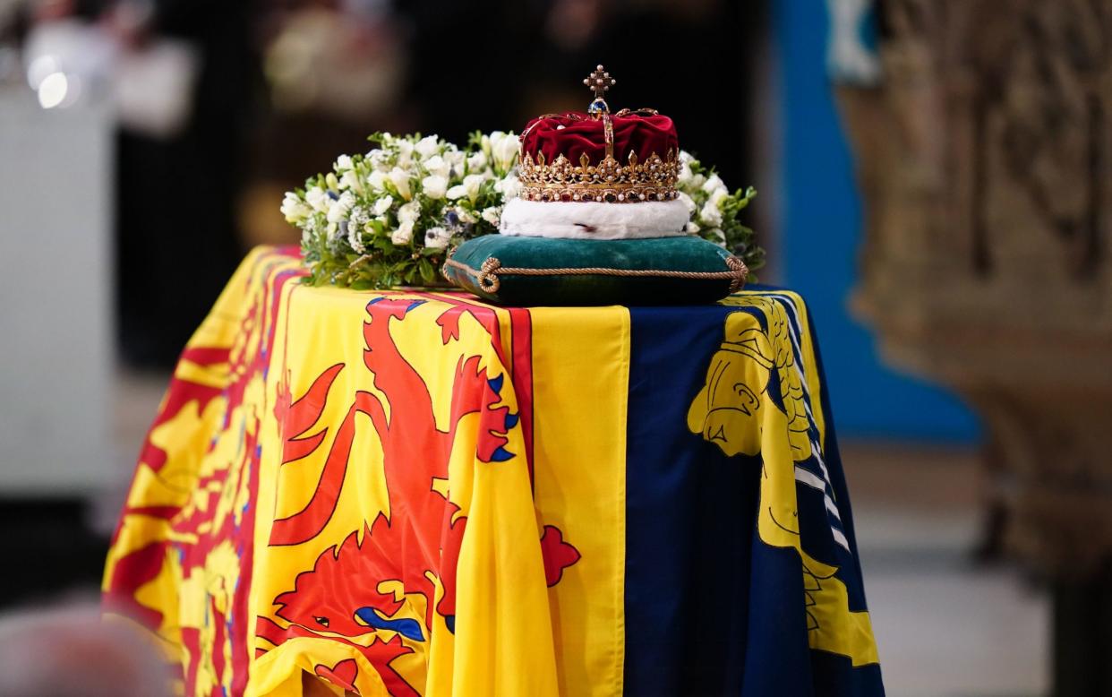 The Crown of Scotland sits atop the coffin of Queen Elizabeth II during a service of prayer and reflection for her life at St Giles' Cathedral in Edinburgh - Jane Barlow/PA wire