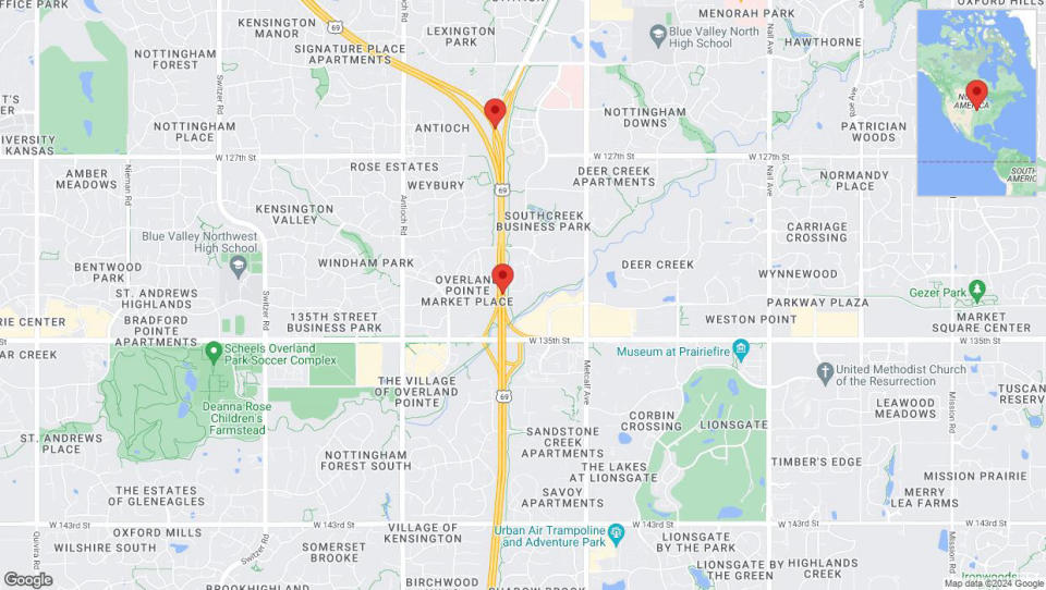 A detailed map that shows the affected road due to 'Crash reported on northbound US-69 in Overland Park' on June 6th at 5:39 p.m.