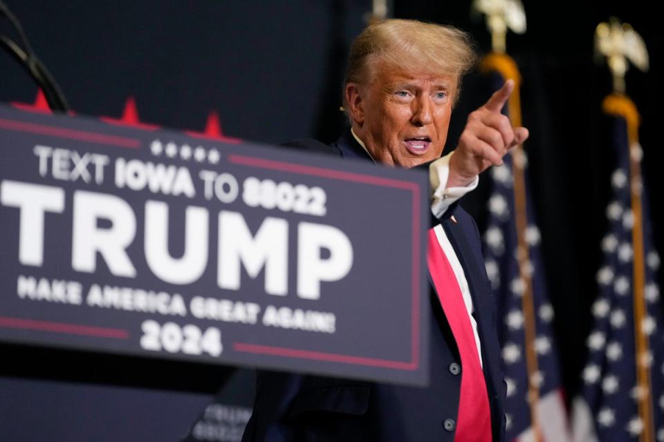 Former President Donald Trump points to the crowd as he leaves the stage after speaking at a campaign rally Monday, Oct. 16, 2023, in Clive, Iowa. (Copyright 2023 The Associated Press. All rights reserved)