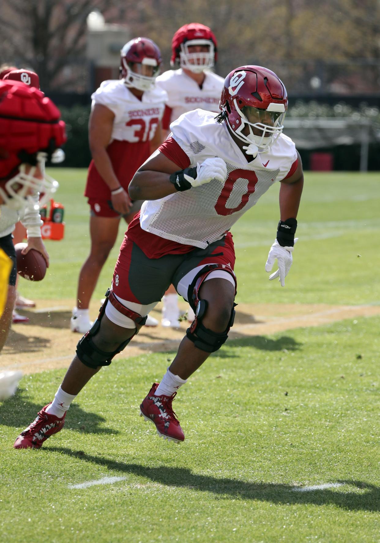 Derrick LeBlanc goes through drills as the University of Oklahoma Sooners (OU) college football team holds spring practice outside of Gaylord Family/Oklahoma Memorial Stadium on  March 21, 2023 in Norman, Okla.  [Steve Sisney/For The Oklahoman]