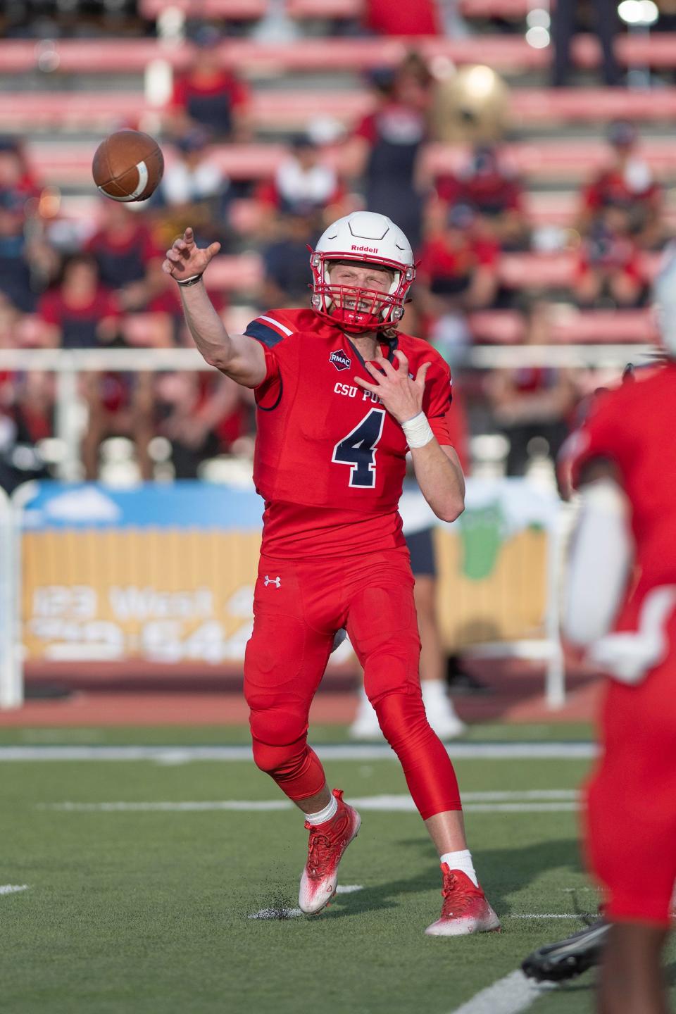 Colorado State University Pueblo's Chance Fuller throws a pass during the first game of the season at the ThunderBowl against Midwestern State University on Saturday, September 2, 2023.